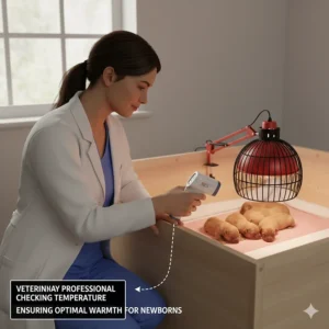 Veterinary technician safely checking the temperature of the whelping area under the heat lamp to ensure optimal warmth for the puppies.
