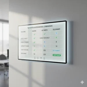 A visual comparison chart of features and warranties offered by the best water heater brands.