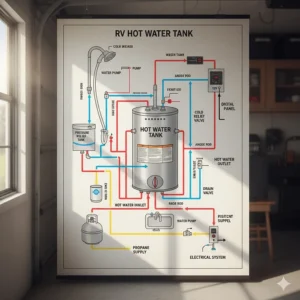 Detailed schematic diagram showing the plumbing and wiring for a typical camper water heater setup.