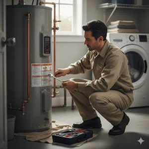 A technician performing maintenance on a unit, illustrating the importance of reliable service from a good water heater brand