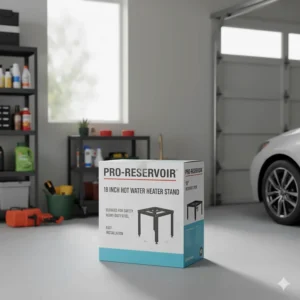 The retail packaging for the unassembled 18 inch hot water heater stand, showing the product name and key features.