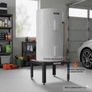 Tank-style water heater elevated on an 18 inch hot water heater stand inside a residential garage, preventing flammable vapor ignition.