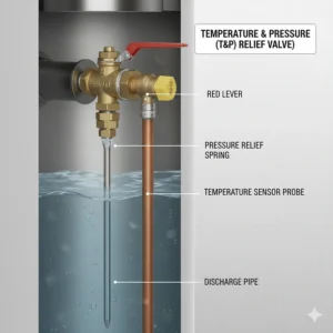 The Temperature and Pressure (T&P) relief valve, a critical safety feature found on all direct vent water heater models.