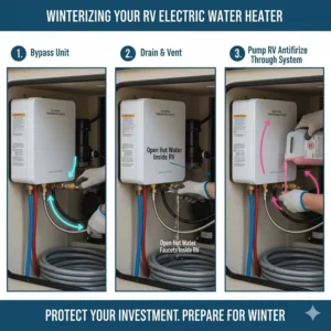 Step-by-step image demonstrating the easy process of winterizing your new RV electric tankless water heater for cold storage.