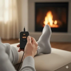 User-friendly control for adjusting the three heat settings on the heated socks for the elderly.
