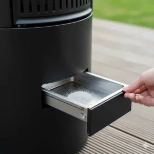 Easy-to-clean ash removal tray located at the base of the pellet-fueled patio heater.