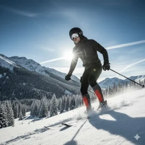Skier enjoying a mountain slope, protected from the cold by specialized heated socks for athletes.
