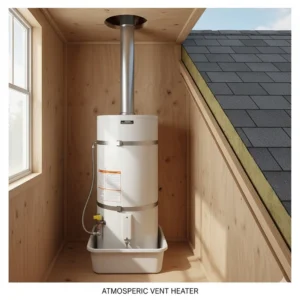 Illustration of an atmospheric vent mobile home gas hot water heater with its flue rising through the roof for proper ventilation.
