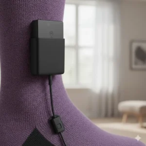 Rechargeable battery pack for electric heated socks, easily connecting to the calf pocket for elderly users.
