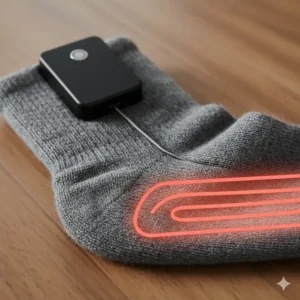 Close-up of the battery-powered heated socks showing the hidden heating element and battery pack.