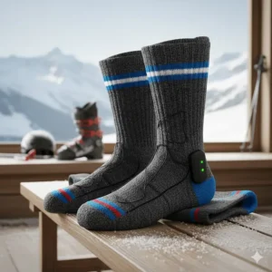 A pair of warm, insulated heated socks for men designed specifically for skiing or snowboarding.