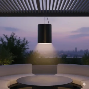 Close-up of a high-performance Bromic gas patio heater ceramic screen emitting a comforting red glow in a dark outdoor setting.