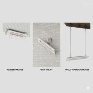 Diagram illustrating the flexible installation and mounting options (ceiling, wall, recess) for a Bromic patio heater.
