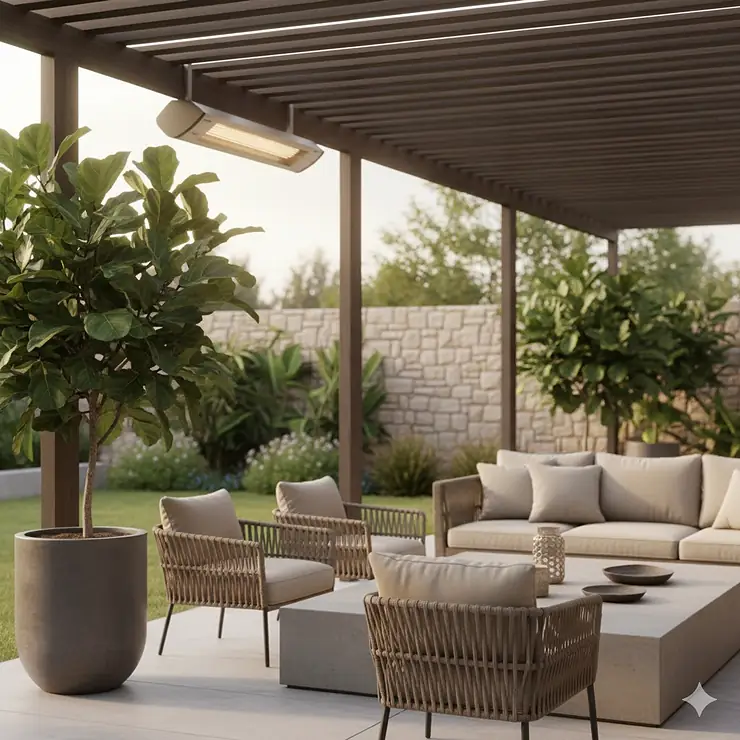 Bromic Platinum Smart-Heat Electric patio heater installed on a sleek, modern outdoor covered space, providing comfortable radiant warmth.