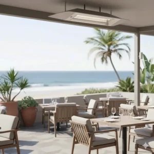 Corrosion-resistant Bromic Platinum Marine Grade electric patio heater in a coastal outdoor dining area.