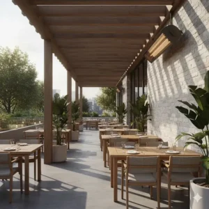 Durable, industrial-style Bromic Tungsten Smart-Heat Electric heater wall-mounted on a large commercial terrace.