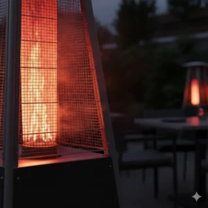 Bromic Tungsten Portable patio heater with wheels, showcasing its mobility for residential or commercial outdoor use.