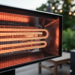 Close view of the glowing, energy-efficient carbon heating element within an infrared patio heater.