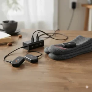 The complete setup for charging the lithium-ion batteries that power the heated socks for Raynaud's, emphasizing readiness for daily use.