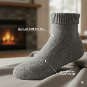 Detail shot emphasizing the seamless toe and non-binding top of comfortable heated socks specifically designed for diabetic sensitivity.