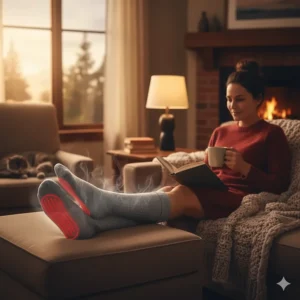 A person relaxing at home, enjoying the soothing warmth of their heated socks on a cold evening.