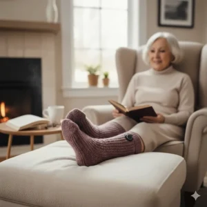 Comfortable senior enjoying their leisure time indoors thanks to the soothing warmth from their heated socks.