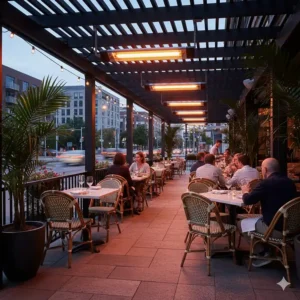Multiple powerful Infratech patio heaters providing warmth for a commercial restaurant outdoor seating area.