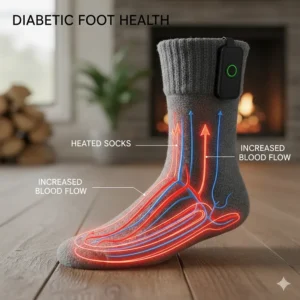 Diagram showing how heated socks help increase foot circulation in people with diabetes to prevent cold feet and neuropathy symptoms.