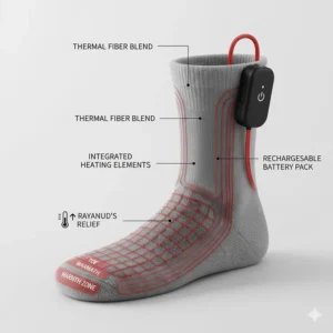 Schematic diagram showing the location of the heating elements, primarily targeting the toes, in heated socks designed to combat Raynaud's symptoms.