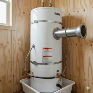 Close-up of a direct vent mobile home gas water heater showing the sealed combustion system and horizontal venting pipe.