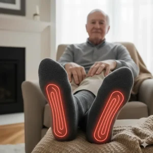 An elderly person wearing therapeutic heated socks to manage symptoms of poor circulation and Raynaud's phenomenon.