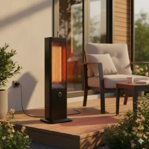 An electric portable patio heater safely warming a small wooden deck, showing the simple, corded design.