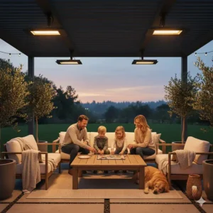 A family relaxing comfortably on their patio, extending the season thanks to their Infratech patio heaters.