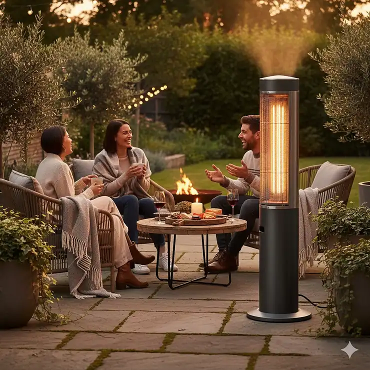 Freestanding electric outdoor heater providing efficient infrared warmth on a cozy patio at night.