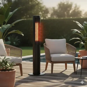 A tall, freestanding infrared patio heater placed between two deck chairs, providing targeted heat.