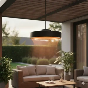 Hanging electric outdoor heater with a modern design suspended from a covered deck ceiling.