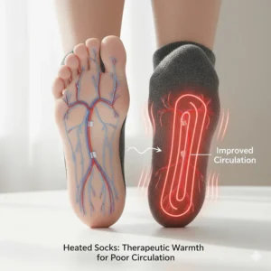Diagram illustrating how gentle heat from the heated socks helps improve blood flow and relieve discomfort from poor circulation.