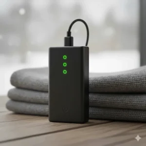 Detachable battery pack for heated socks for men, showing LED indicator lights.