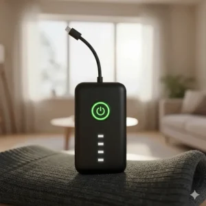 Image of the small, rechargeable battery pack and control mechanism for heated socks, showing power level and temperature settings.