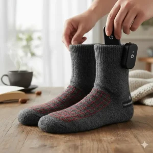 Image demonstrating the small, rechargeable battery pack discreetly connected to the upper cuff of the heated socks for power.