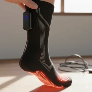 Close-up of the small, rechargeable battery pack that powers the heated socks for athletes.