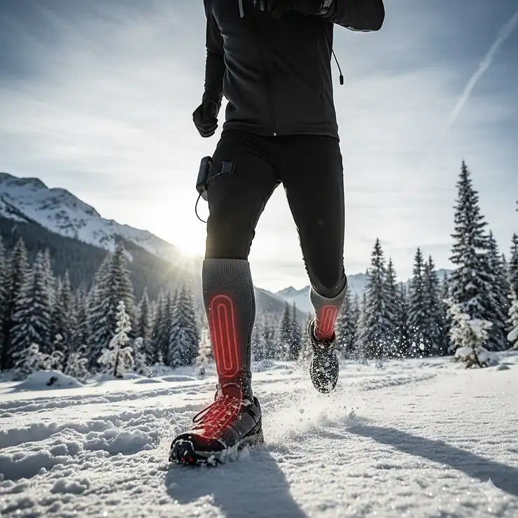 A professional athlete wearing high-performance heated socks while training outdoors in cold weather.