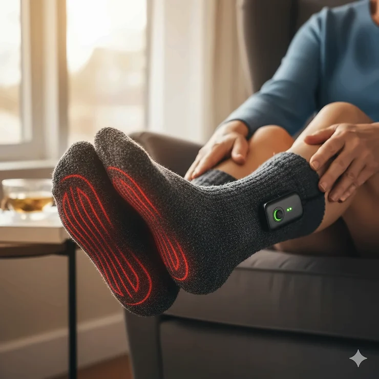 Rechargeable heated socks shown on a person with diabetes to illustrate warmth and blood circulation benefits for diabetic foot care.