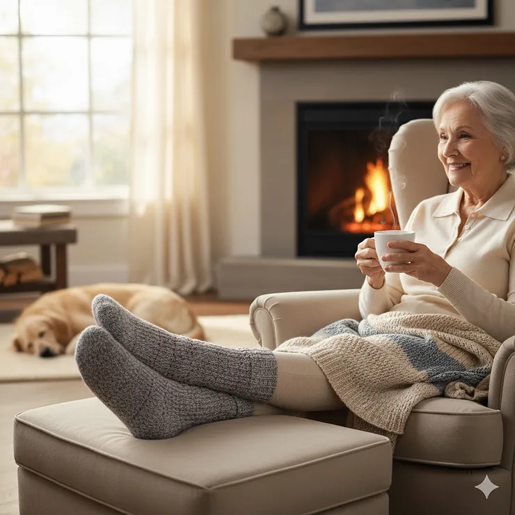 Warm heated socks for the elderly person enjoying comfort and relief from cold feet.