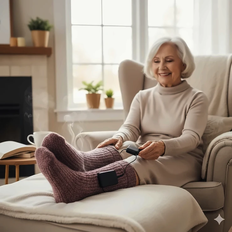 Heated socks for seniors providing comfortable, consistent warmth and improved blood circulation.