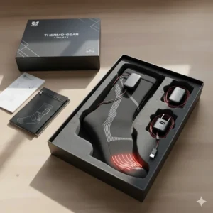 The complete package, including a pair of heated socks, charger, and two batteries, ready for athletes.