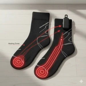 Diagram illustrating the heating zones (toes and ball of foot) within the best heated socks for athletes.