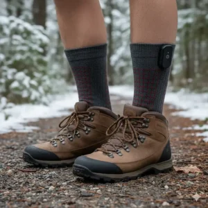Heated socks being worn under hiking boots, providing essential warmth and protection for feet when outdoors in cold weather, a trigger for Raynaud's.
