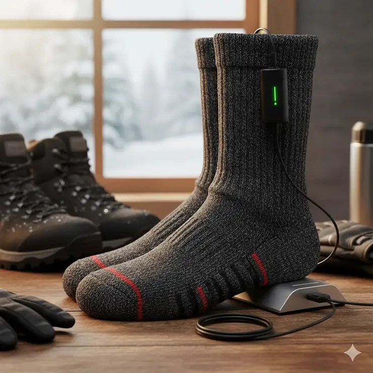 Heated socks for men charging on a desk, ready for cold weather activities.