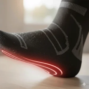 Detail of the moisture-wicking material and athletic compression in the heated socks for athletes.